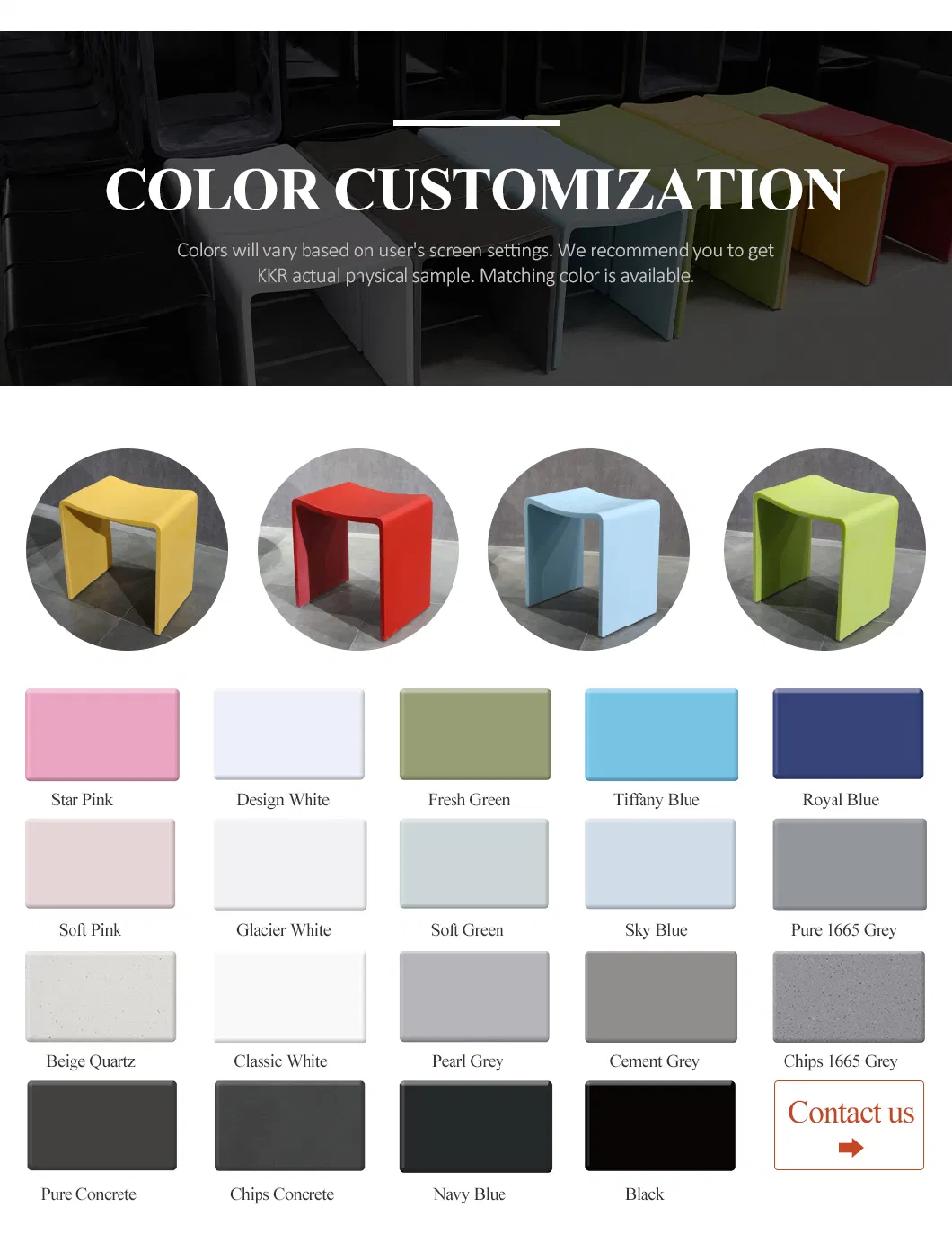 Kkr Factory Supplier Colorful Resin Stone Acrylic Solid Surface Shower Stool for Hotel